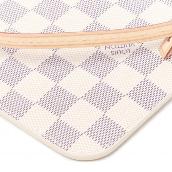 LOUIS VUITTON Damier Azur Neverfull MM GM Pochette Leather Wristlet Gold Zip - Picture 7 of 16